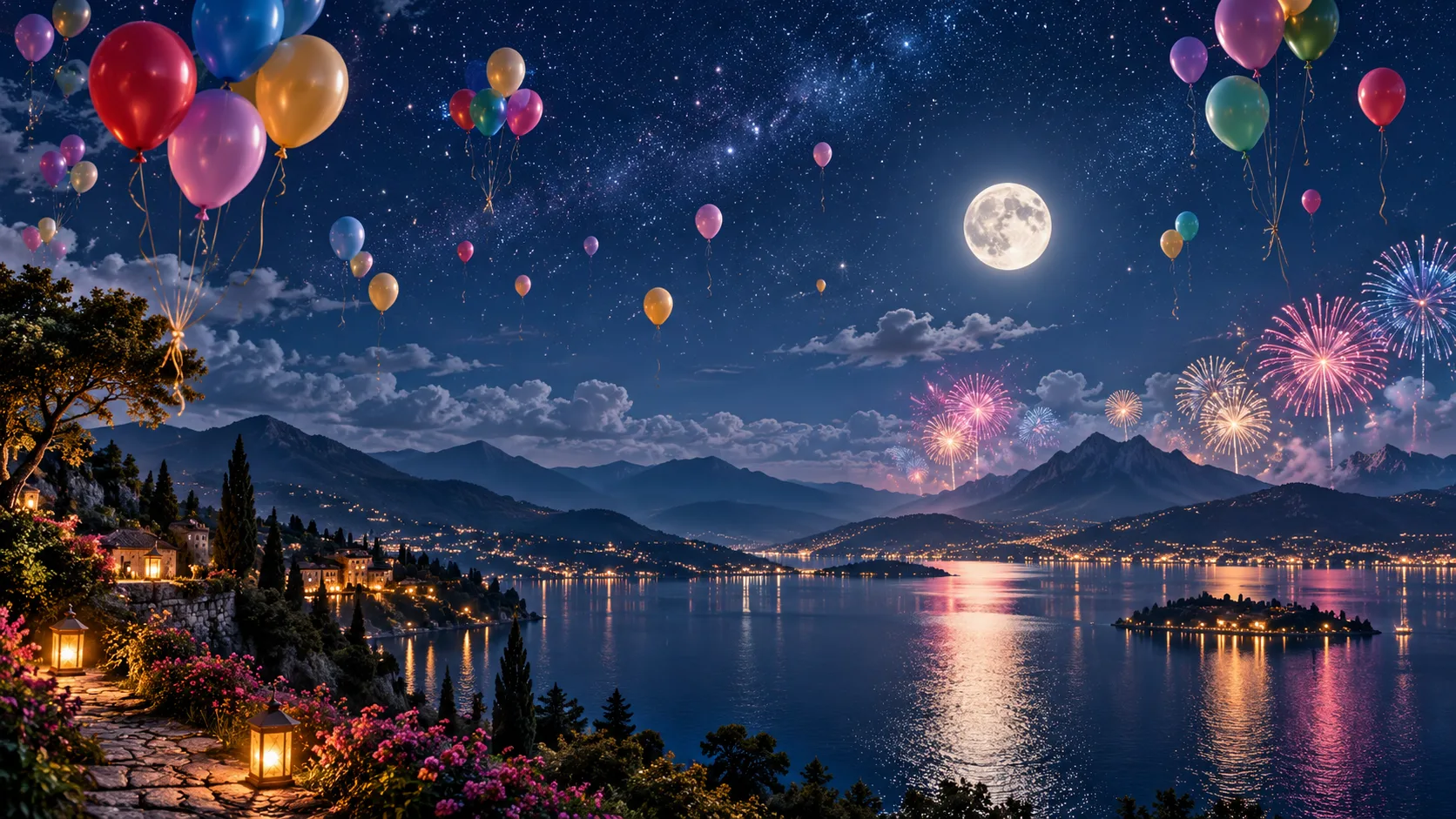 Ankara gece manzarasında gökyüzüne yükselen renkli balonlar ve havai fişekler
